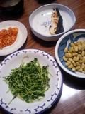 エビチリ、西京焼き、豆苗炒め、浸し豆