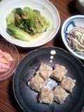 青梗菜炒め、ごぼうサラダ、新生姜、焼売