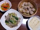 アスパラガスと人参、青梗菜ときのこの炒め、海老焼売、高野豆腐