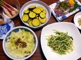 谷中生姜、ズッキーニ、鯵のたたき、キャベツとケッパーのサラダ、水菜炒め